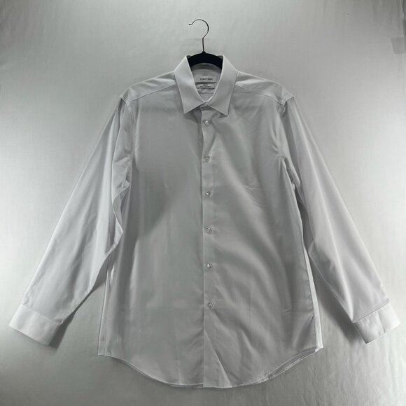 Calvin Klein Steel Slim Fit Herringbone Dress Shirt Mens L Non-Iron Button White - Picture 1 of 12